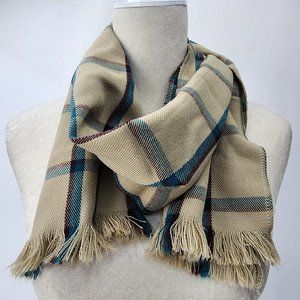 Vintage Tan Green & Maroon Windowpane Plaid 9.5"x56" Rectangle Fringe Soft Scarf